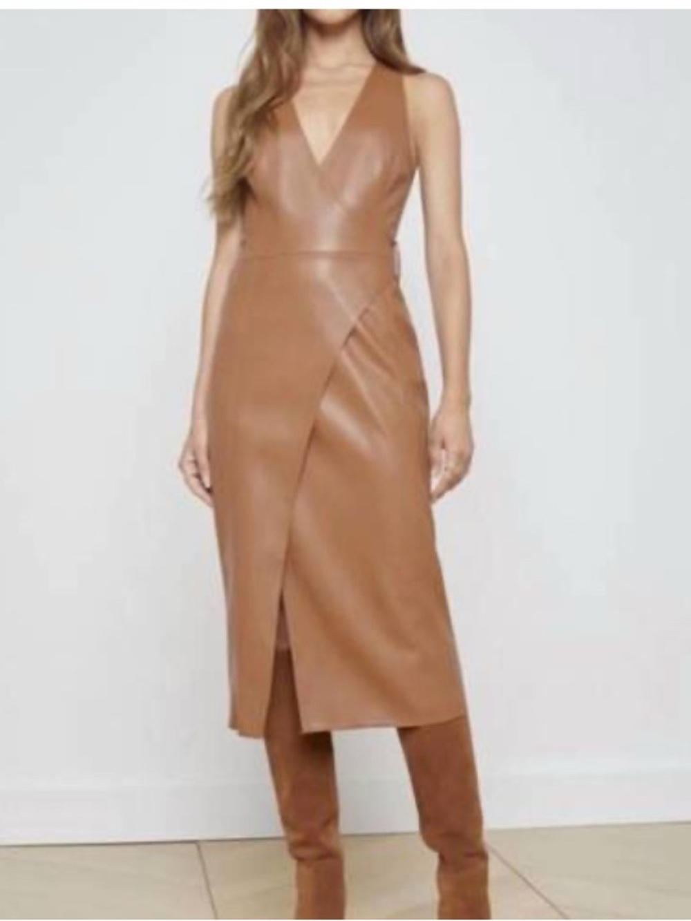 L'AGENCE Tan Faux-Leather Midi Dress with Side Buckle - Picture 2 of 8